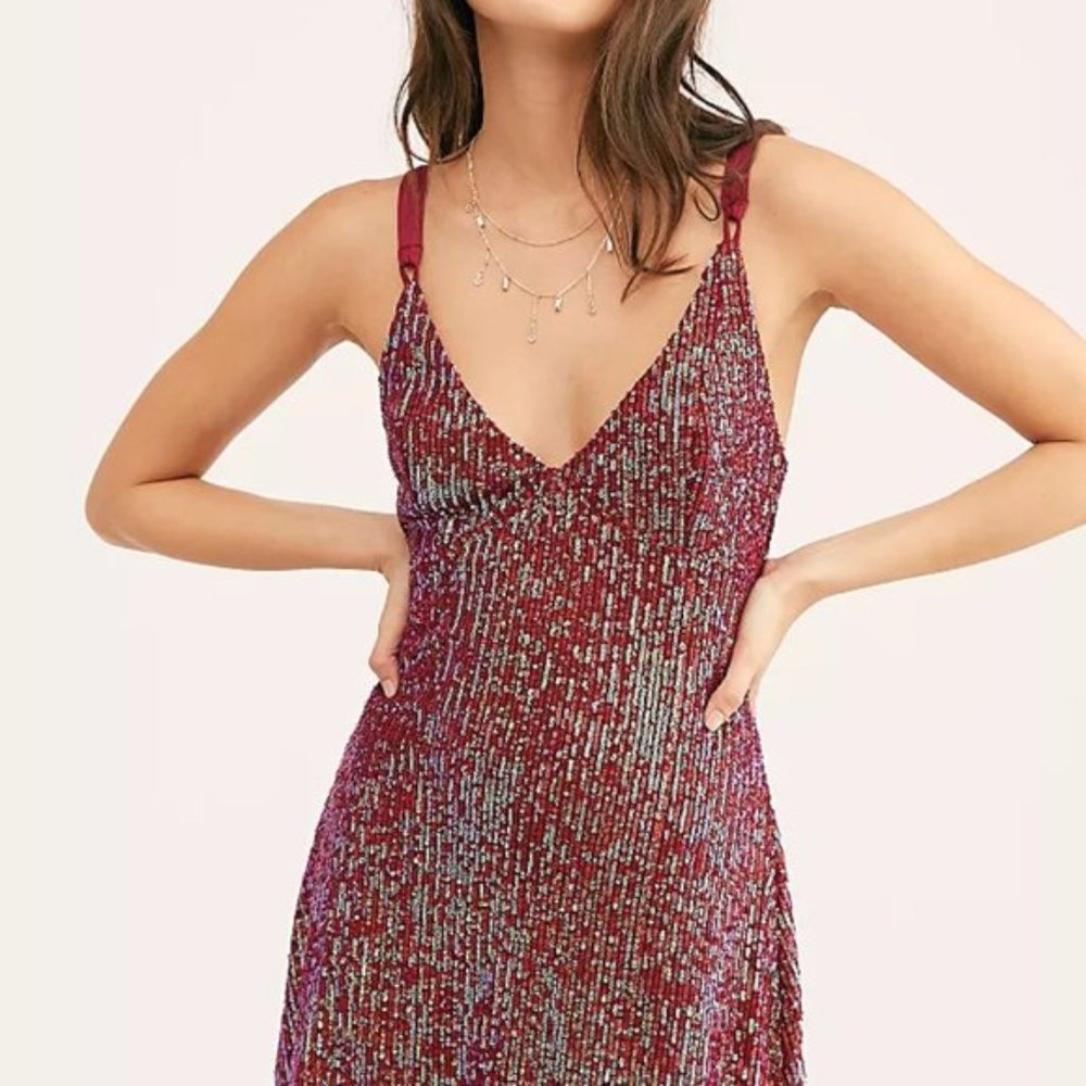 Free People Gold Rush Sequin Mini Dress Wine - Picture 3 of 6